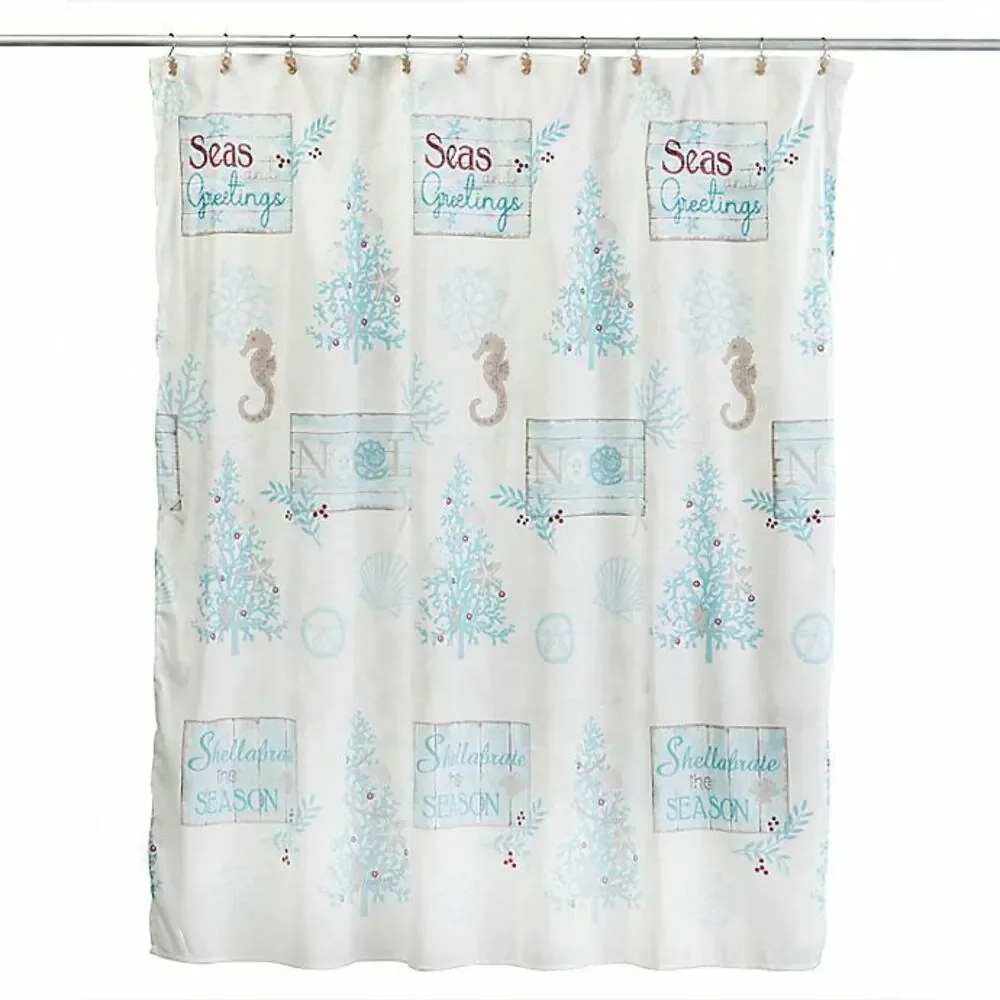Christmas Seas and Greetings Shower Curtain Hooks Nautical 70x72